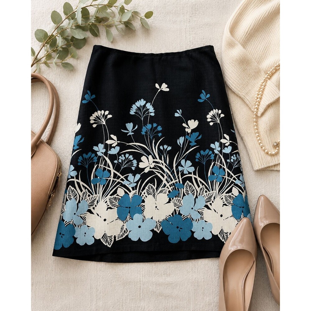 Ann Taylor LOFT 75% Silk Floral Skirt Black Blue Cream Size 4 A-Line Beautiful!